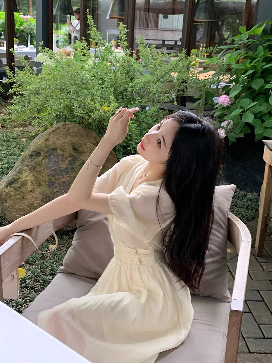 ByYou summer new fresh floral V-neck suspender dress women's backless waist mid-length skirt 1143