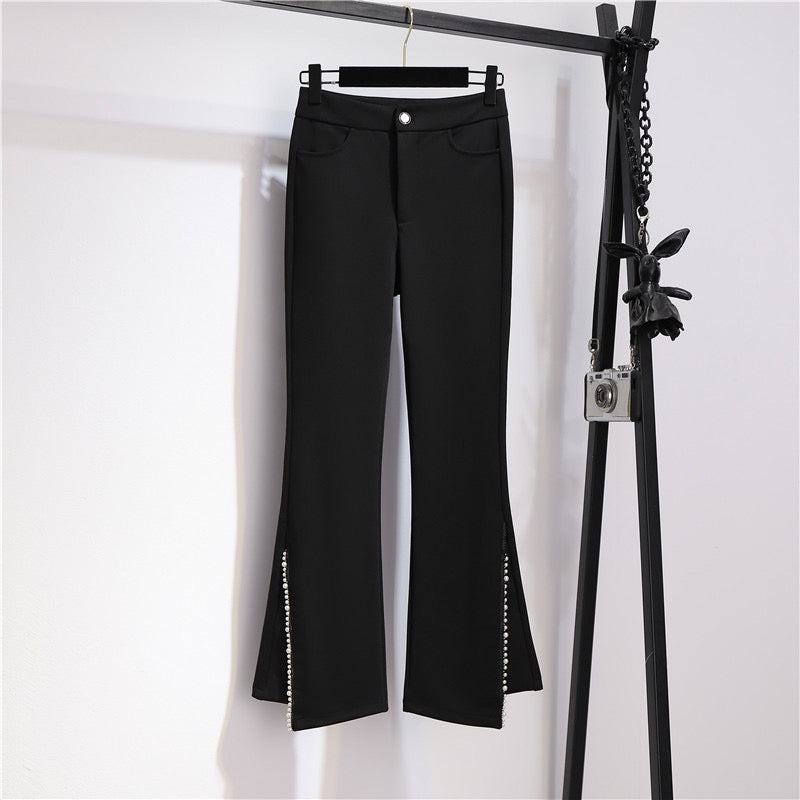 High-waist elastic black bootcut trousers women's cropped trousers fall 2022 irregular slit slim-fit casual trousers