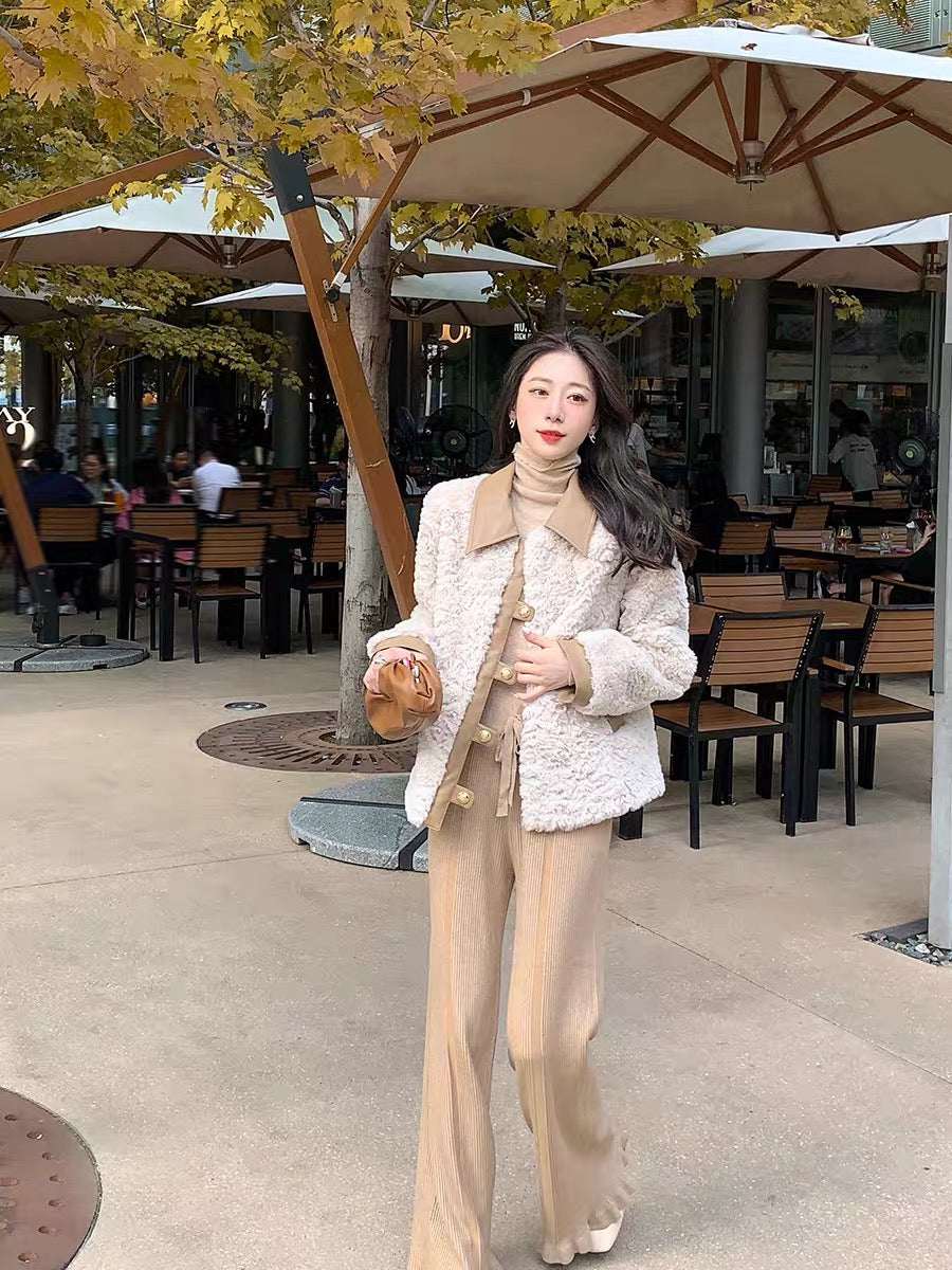 Guoguojia High-waist knitted wide-leg pants women's autumn and winter new loose and thin all-match casual pants drawstring straight pants