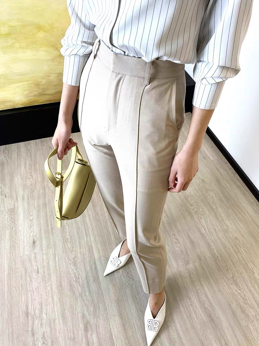 GUS/21 spring thin beige suit pants women's ninth pants linen breathable high waist slim casual straight slit