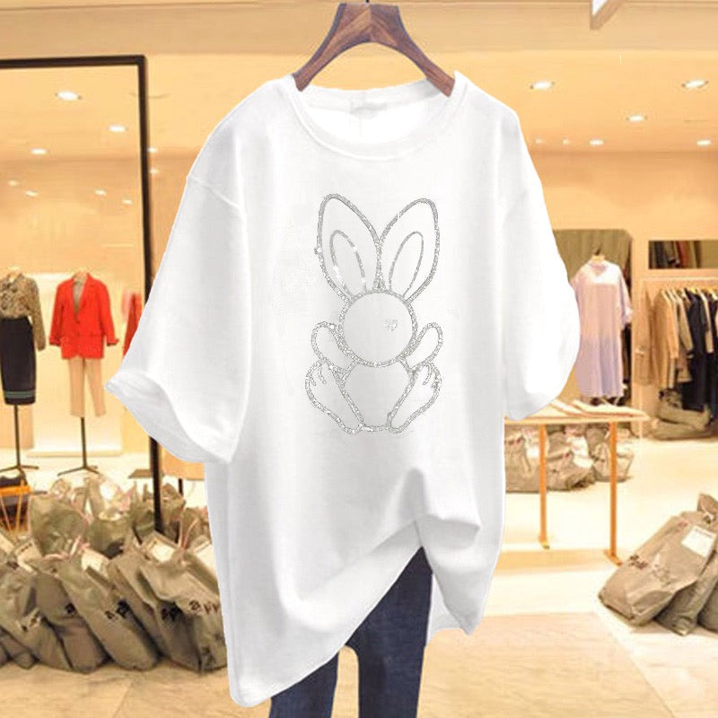 2023 new summer dress black t-shirt women hot diamond big love loose pure mid-length round neck short-sleeved top ins tide