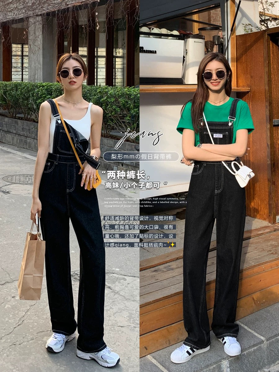 MULVAN black denim overalls women's 2022 spring and summer new high-waisted slimming age-reducing loose jumpsuit trousers