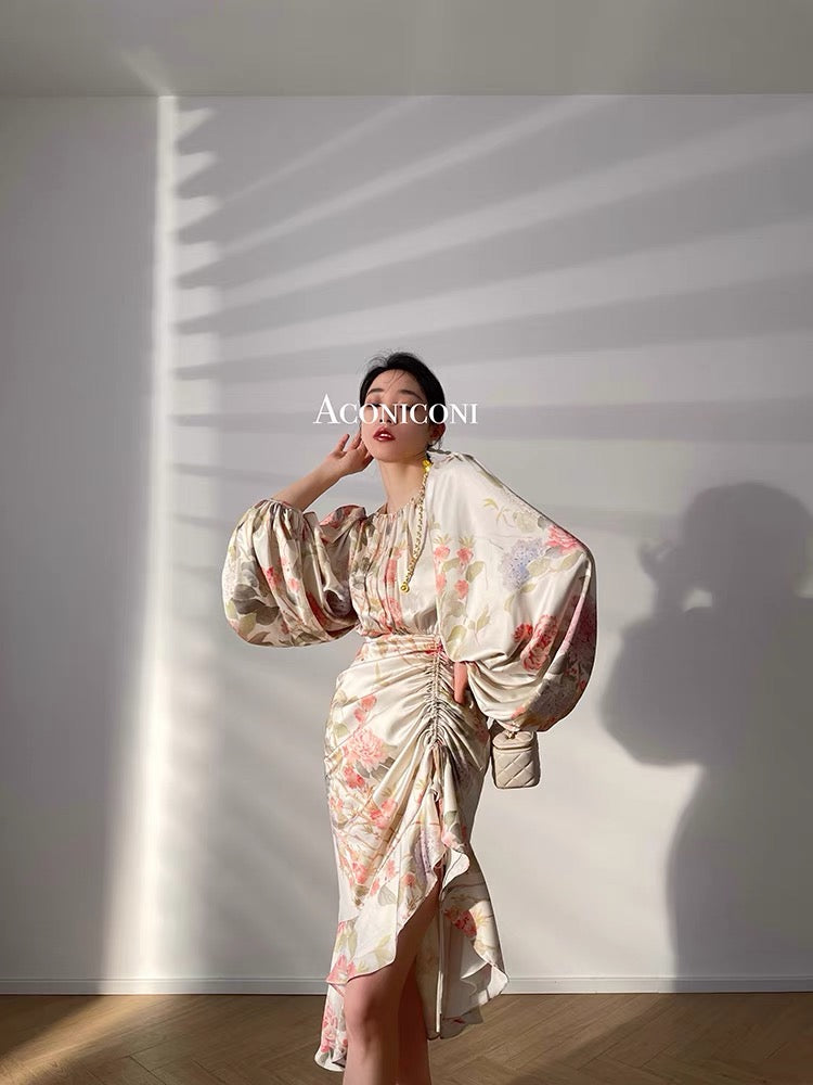 Aconiconi|French print niche high-end design lantern sleeve dress with fishtail wrap hip dress