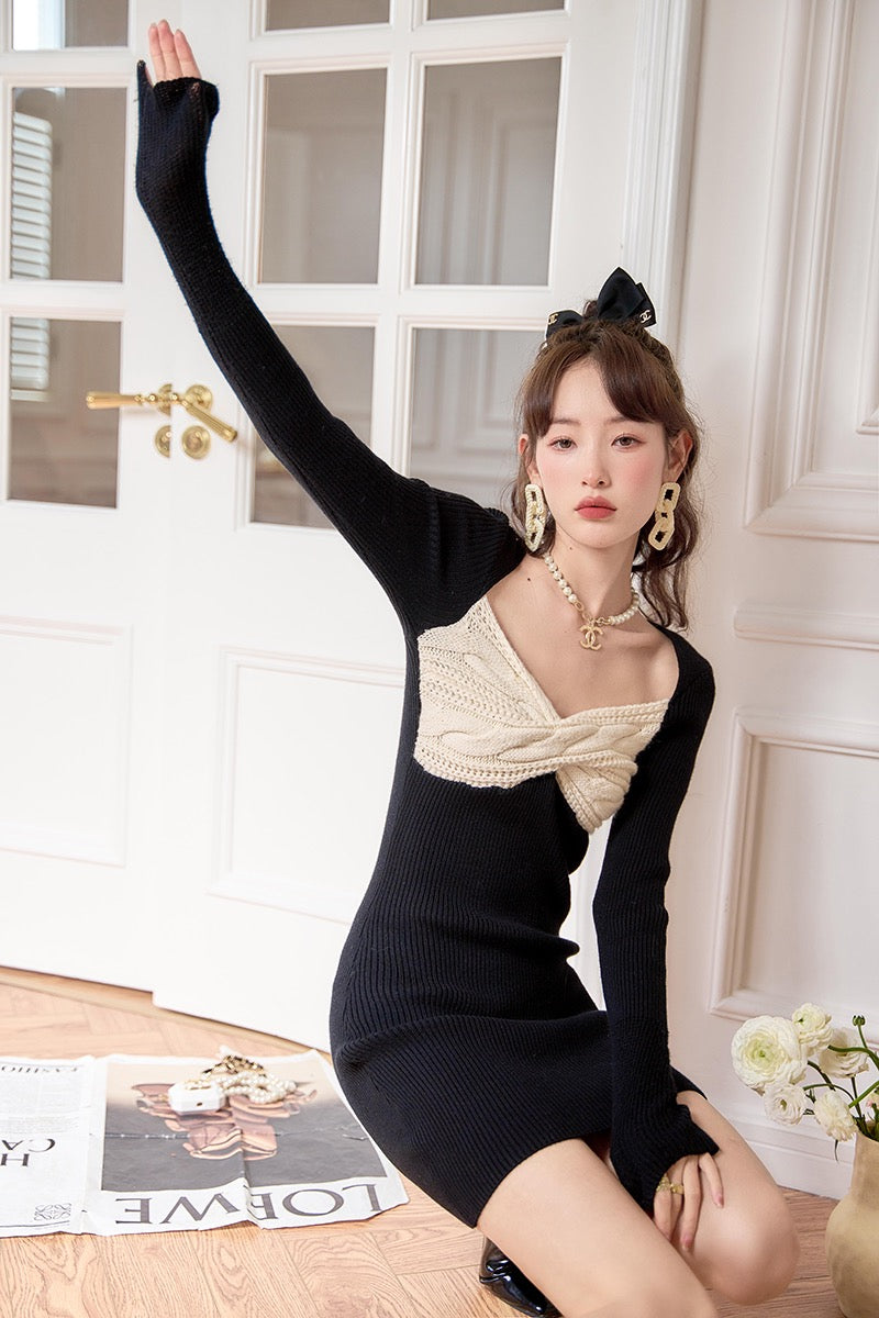 Toba square collar tube top hot girl black knitted dress female early spring and autumn birthday party dating evening dress skirt