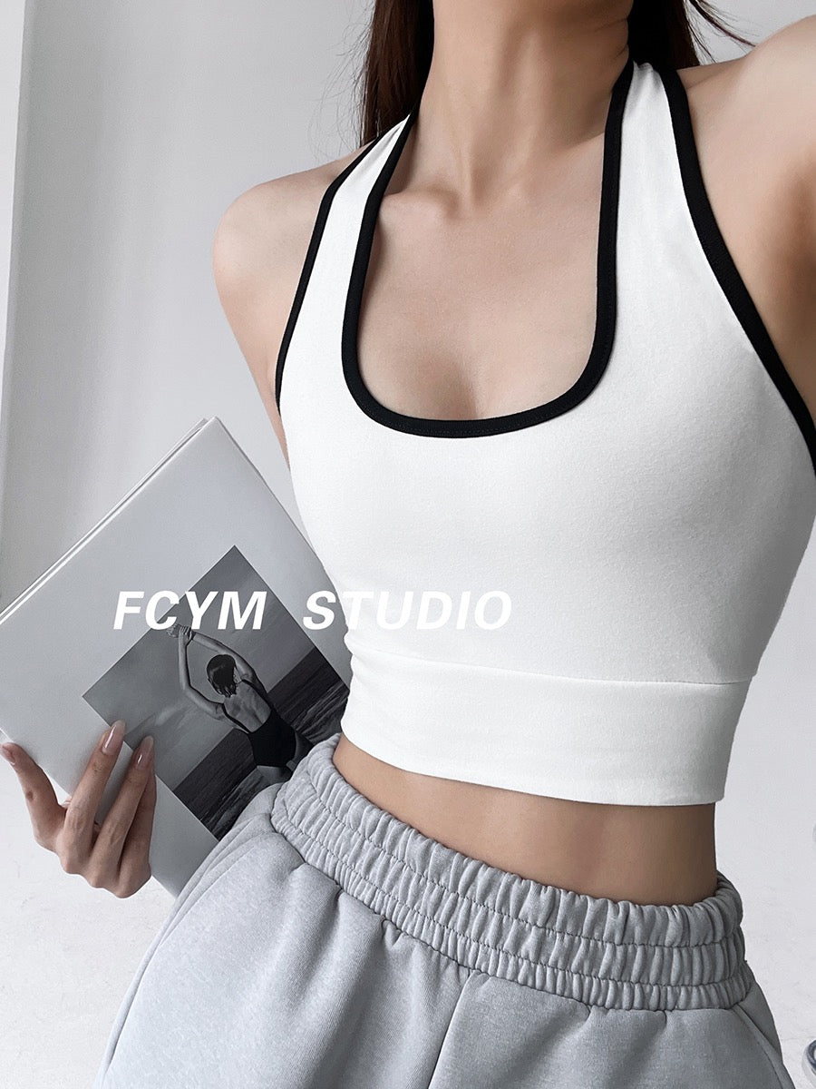 European and American color contrast halter neck halter camisole women's summer slim outerwear elastic sexy hot girl short crop top