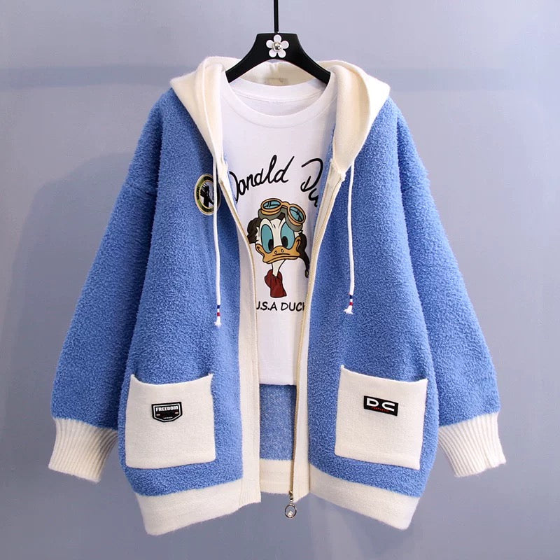 Lamb velvet New Year sweater coat women's 2022 new loose outer wear thickened lazy wind hooded knitted cardigan