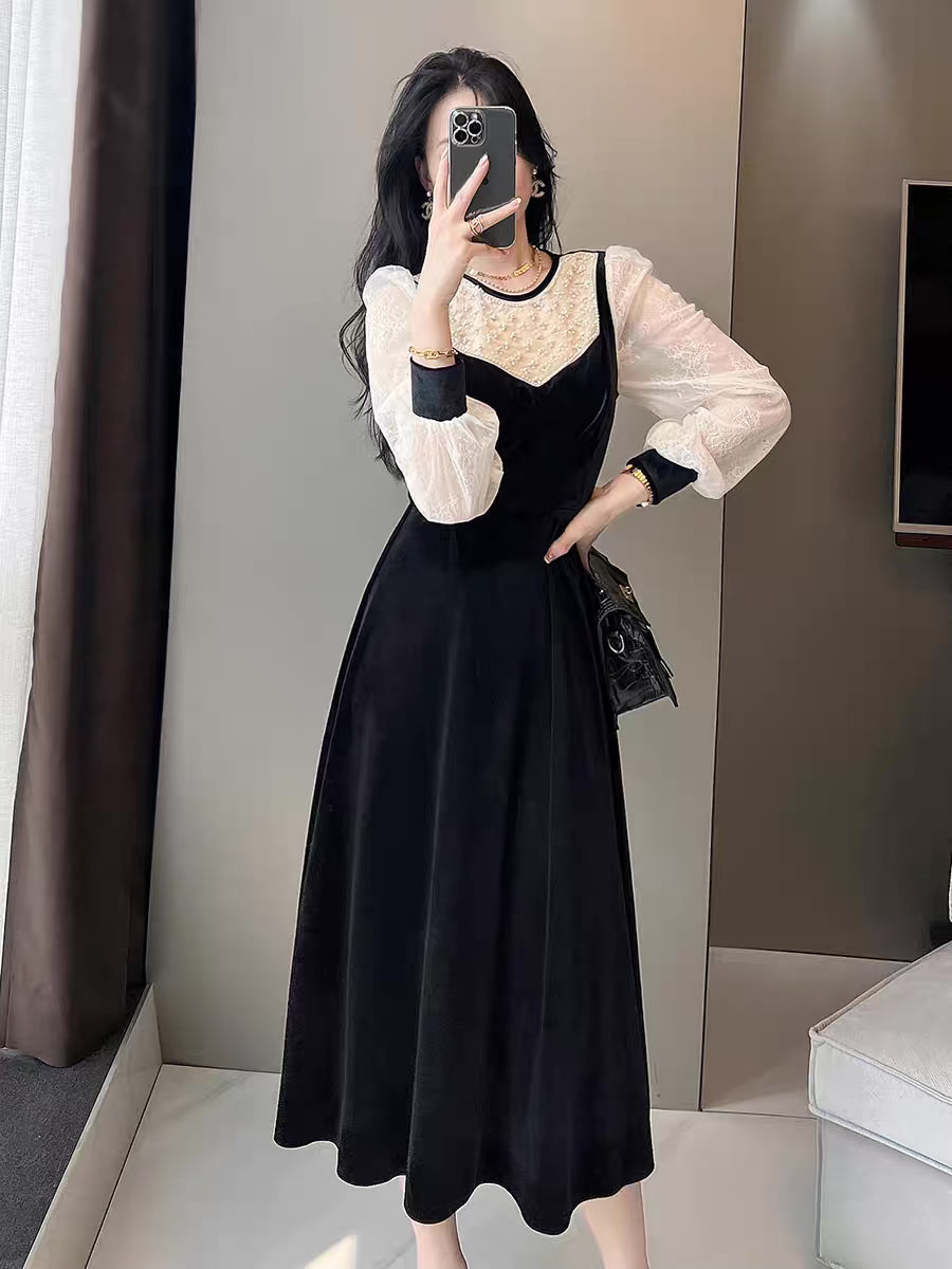 2022 autumn new long-sleeved velvet noble western style retro women's high-end sense thin long skirt temperament dress 1944