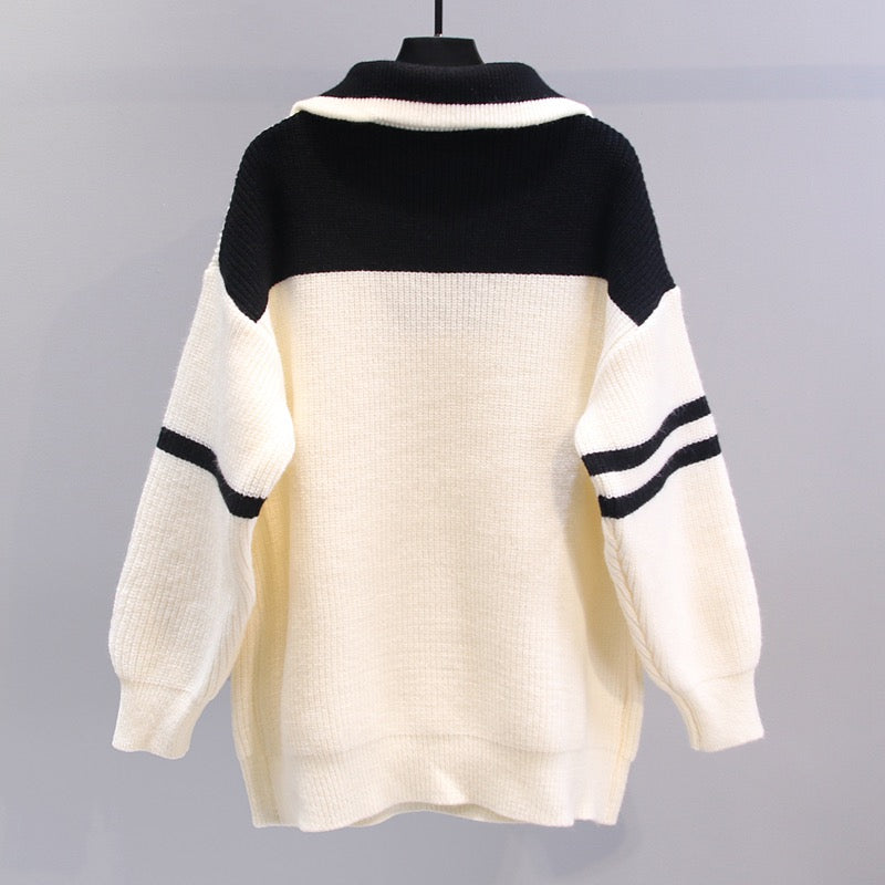 Contrasting color design sense half zipper sweater women's autumn and winter 2023 new loose lazy wind mid-length knitted sweater top