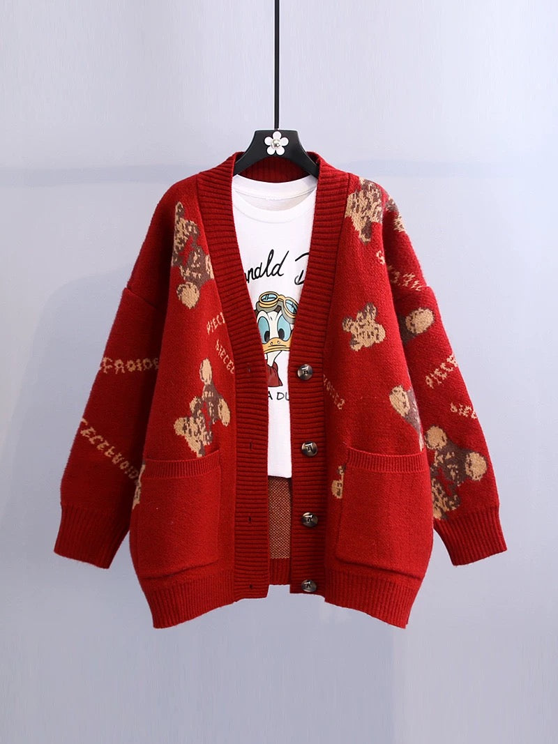 Bear letter sweater coat women loose thickening 2022 autumn new Korean version lazy style all-match knitted cardigan