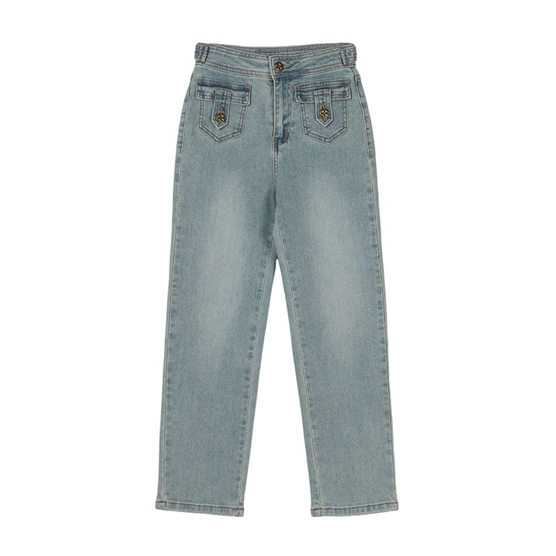 MUKOK retro blue nine-point jeans women's 2023 spring new small slim tall waist straight cigarette pipe pants