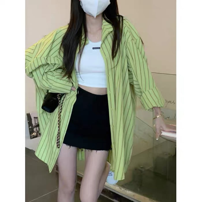 Kumikumi mid-length striped shirt jacket women's summer loose casual long-sleeved sunscreen top Hong Kong-flavored shirt 1109