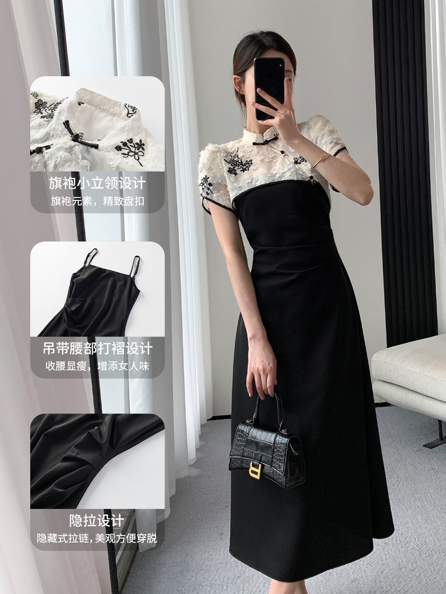 FT GUOGE black suspender dress female 2022 summer new retro new Chinese style improved cheongsam two-piece suit