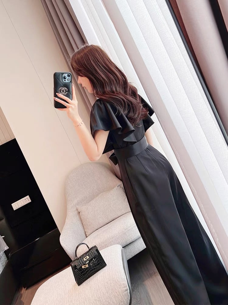 Miss Dong high-end custom 2022 summer new high-end tie lotus sleeve black straight wide-leg jumpsuit