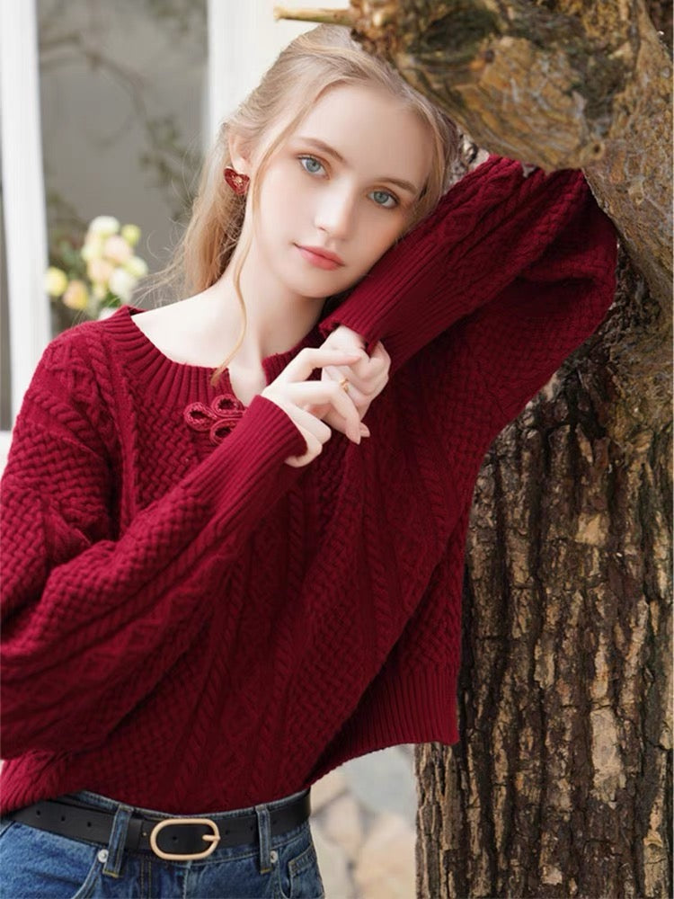 French retro New Year red v-neck sweater women's autumn and winter soft waxy chic inner twist sweater 2022 top