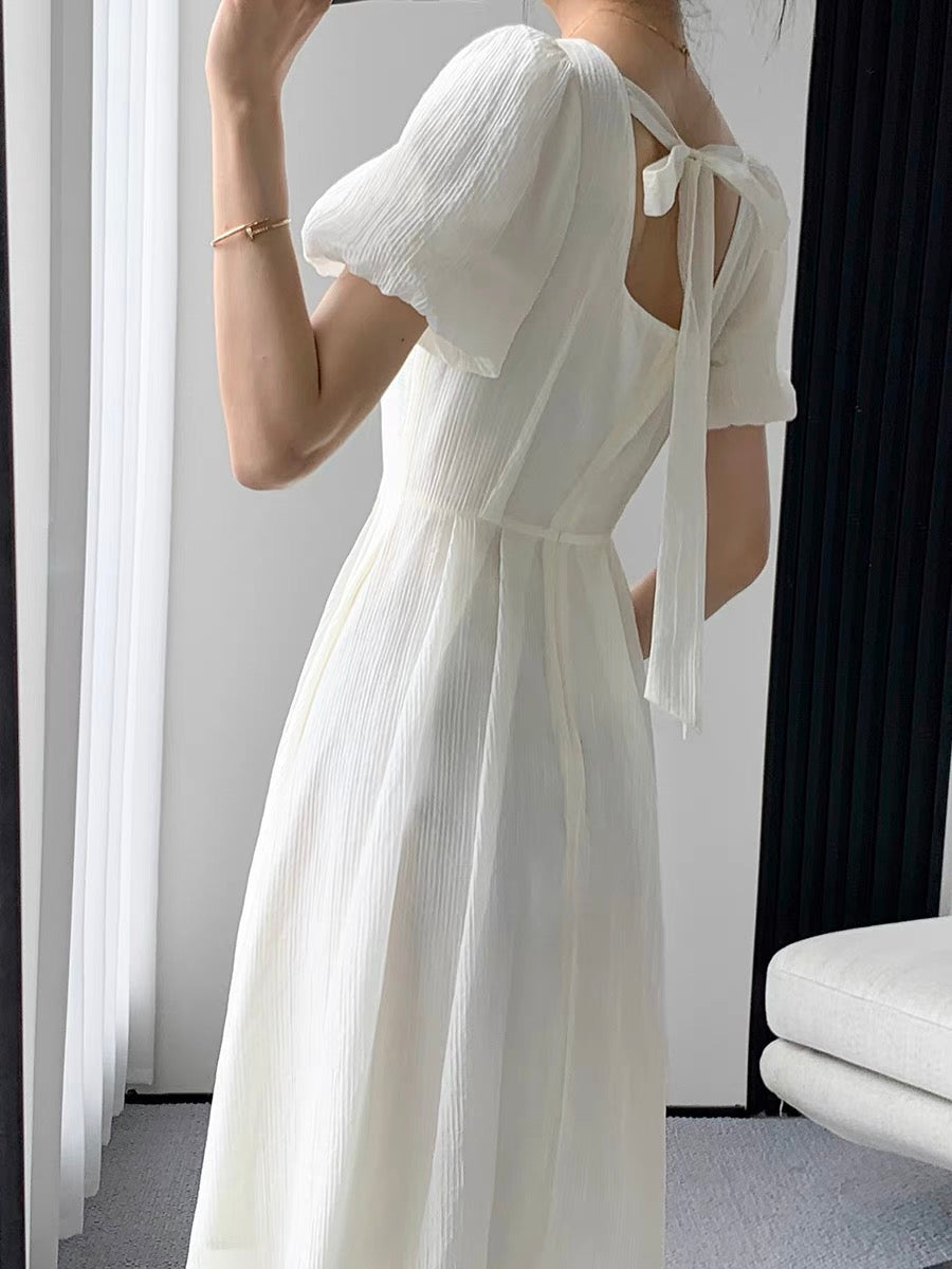 FT GUOGE white dress female 2022 summer new square collar high-end French gentle wind Tencel dress
