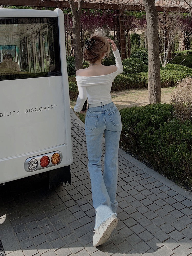 Zhao Chenchen high waist ripped flared pants women's 2023 new hot girl looks tall and thin raw edge slightly flared jeans