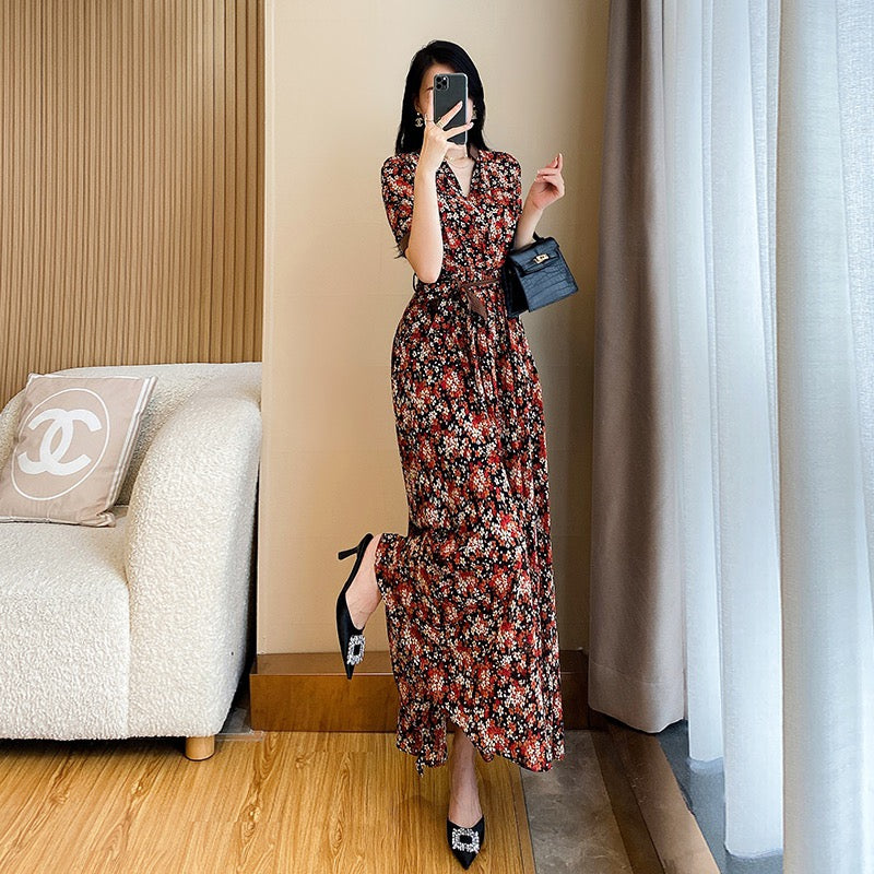 Tea break French floral dress women's summer 2023 summer new celebrity temperament waist slimming long skirt summer dress