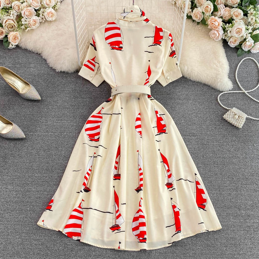 Summer high-end light luxury retro temperament stand collar bow tie waist printed a-line dress elegant big swing long skirt