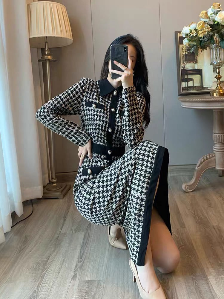 French retro goddess Fan Mingyuan temperament Xiaoxiangfeng waist thin knitted dress bottoming long skirt autumn women