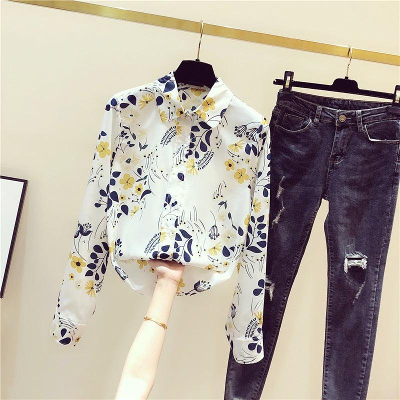 Chiffon shirt women 2022 early autumn new fashion small floral print long-sleeved shirt women's top western style shirt