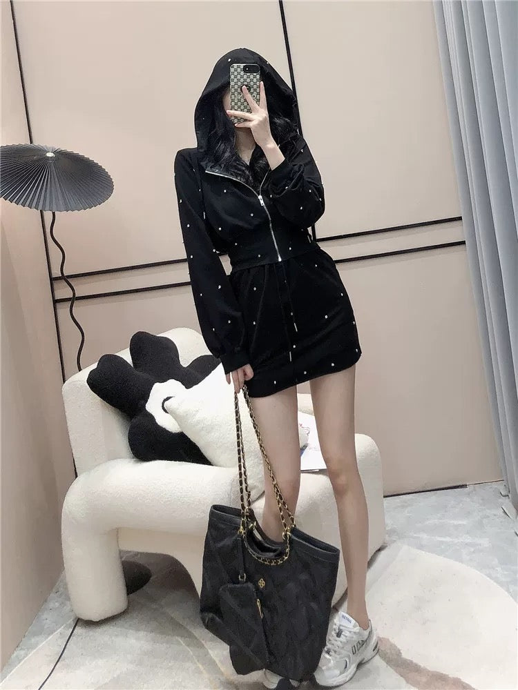 Playful Korean suit women's autumn diamond-studded thin hooded sweater coat + high waist hip skirt two-piece set
