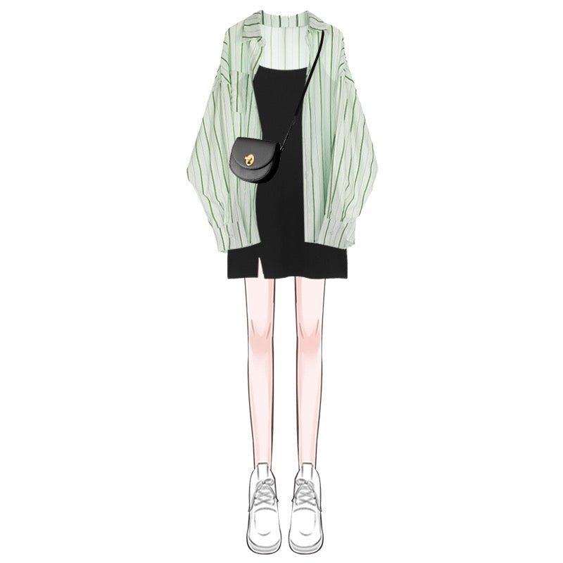 Salt-style fried street hot girl suspender skirt sweet and spicy small suit 2023 new female light mature royal sister style shirt two-piece summer