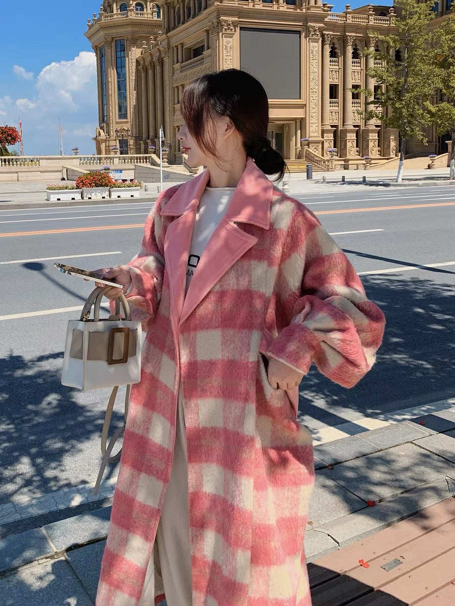 Pink plaid imitation cashmere woolen coat women's autumn and winter long knee-length 2022 new loose and gentle woolen coat