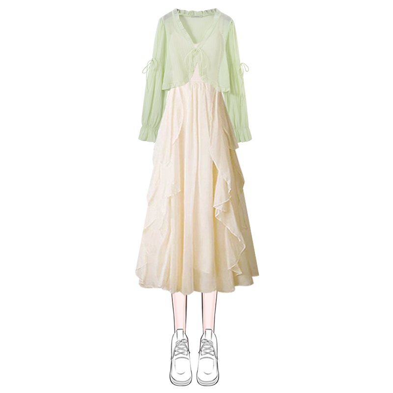2023 new high-end chic and beautiful mesh blouse suspenders dress fairy super fairy forest two-piece set