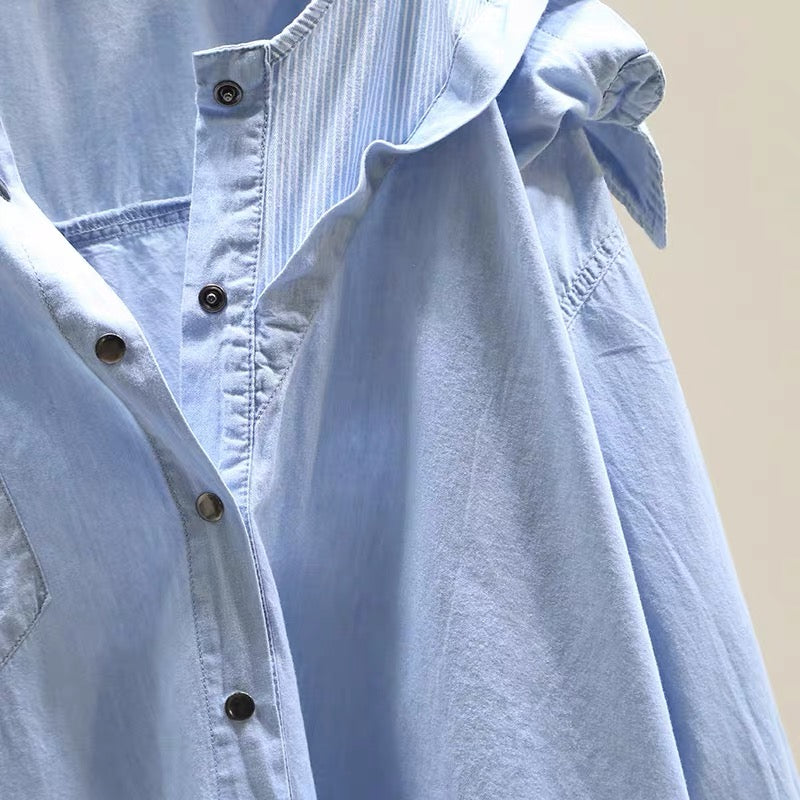 Irregular off-the-shoulder denim shirt women's 2022 spring and summer new loose casual fake two-piece shirt long-sleeved top trendy