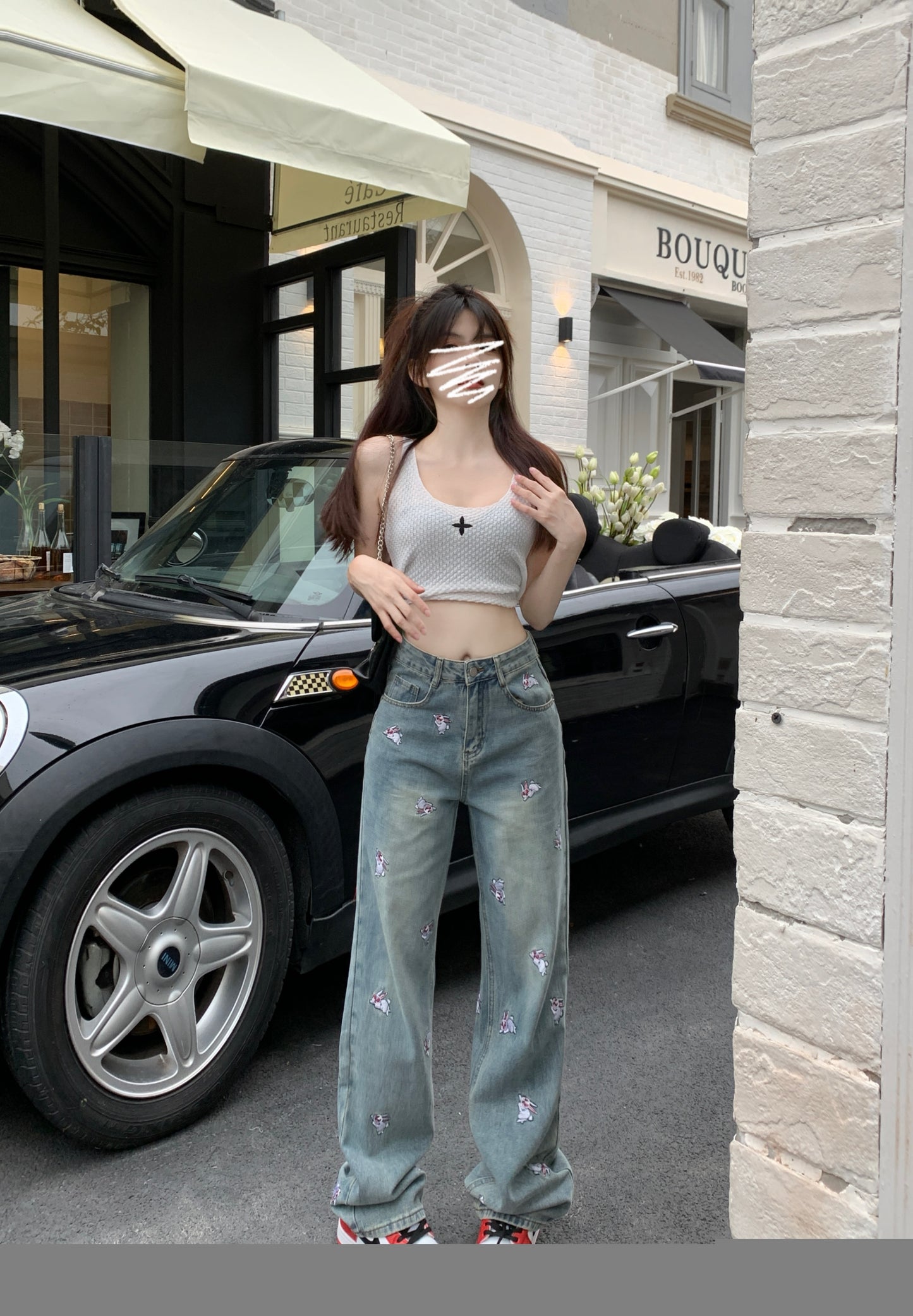 Heavy Industry Embroidered Rabbit Straight Jeans Women's Spring Design Sense Loose Narrow Floor Mopping Trousers Wide Leg Pants