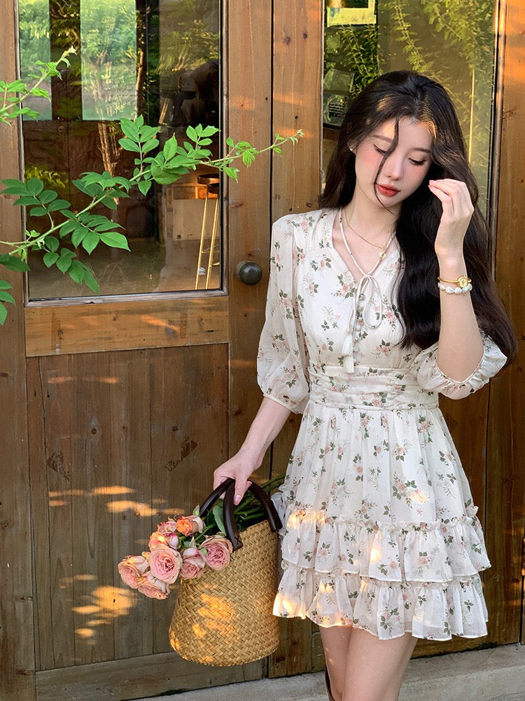 French lazy style v-neck puff sleeve dress high waist chiffon printed tea break short skirt women's summer 2022 new