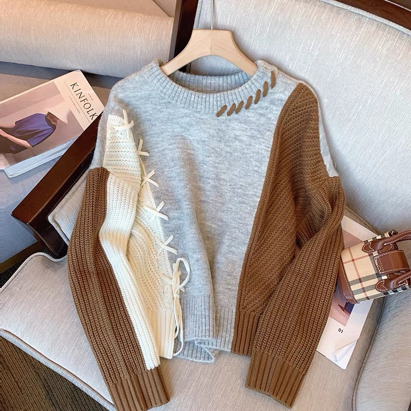 Japanese lazy style lace-up stitching design long-sleeved sweater women's early autumn 2022 new niche all-match sweater