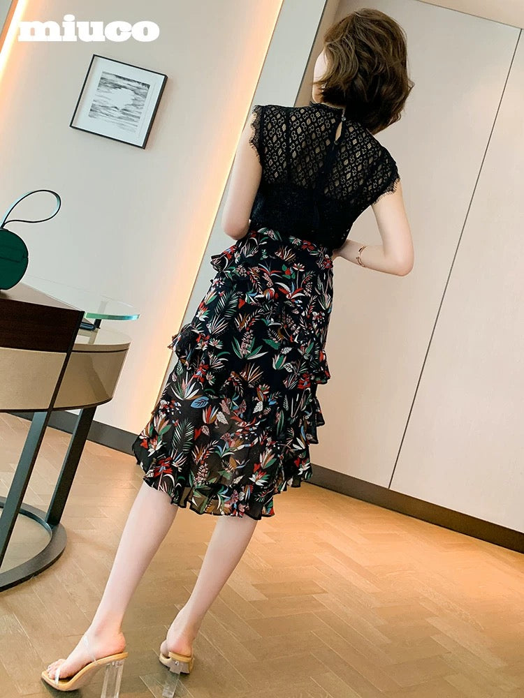 miuco hollow lace shirt with suspenders + printed ruffle skirt three-piece suit women's 2021 spring and summer new