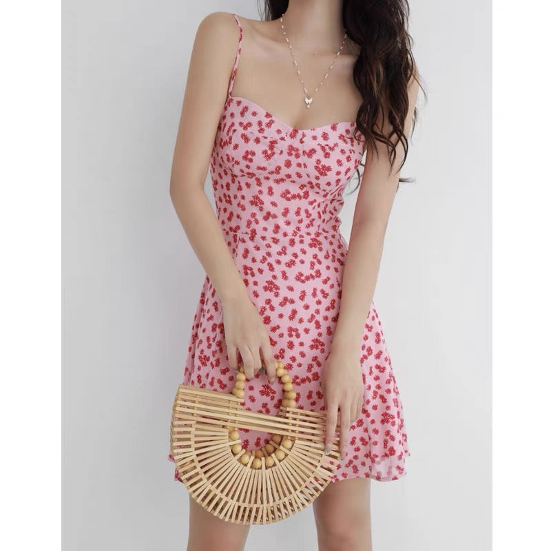 French fresh girl V-neck slim slim pink floral skirt waist wrap chest lace suspender dress short skirt