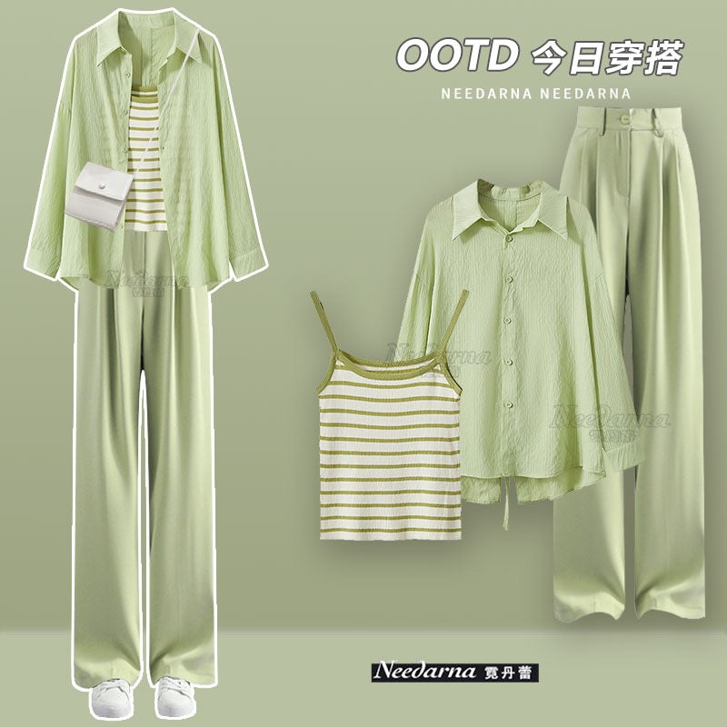 Chali tea gas sling cardigan two-piece set 2023 new summer small casual fashion suit pants suit female