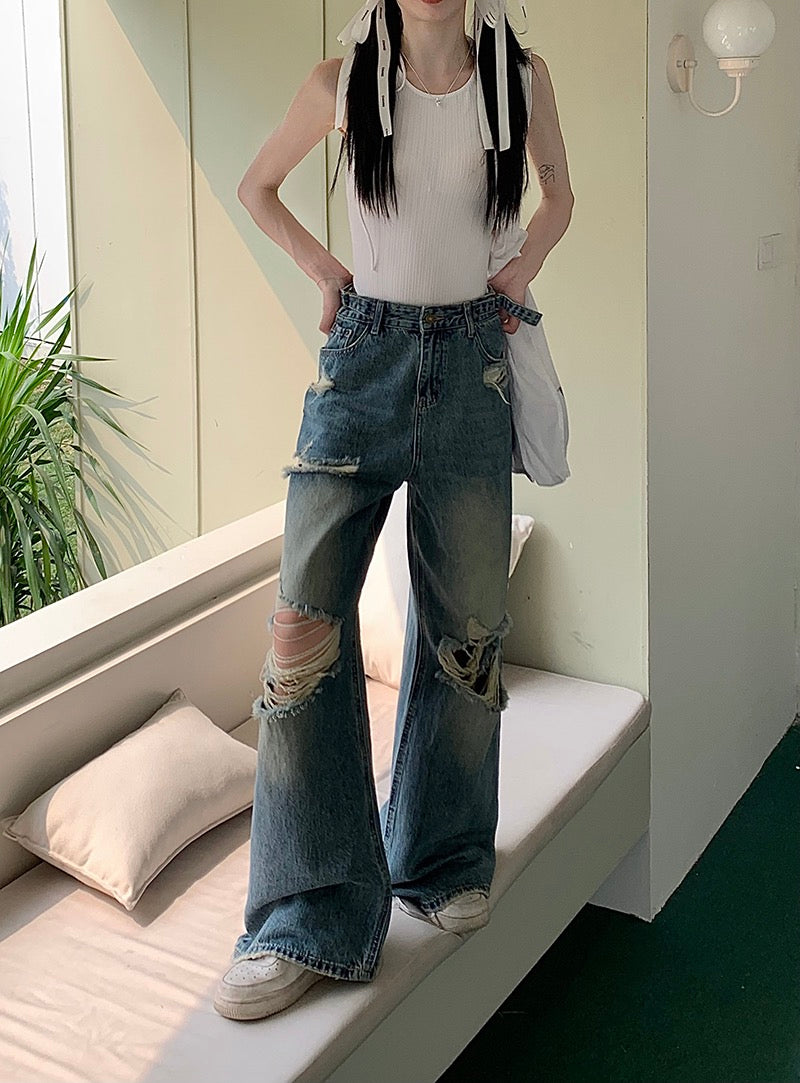 Black Strawberry~ American retro high waist slim ripped jeans women's loose drape floor mopping wide-leg pants
