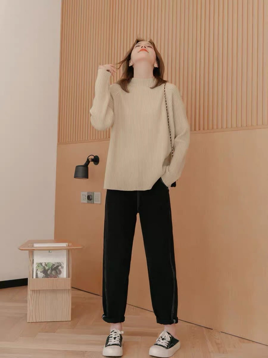 Small grain half turtleneck pullover women's 2022 autumn and winter new retro slimming sweater solid color long-sleeved top