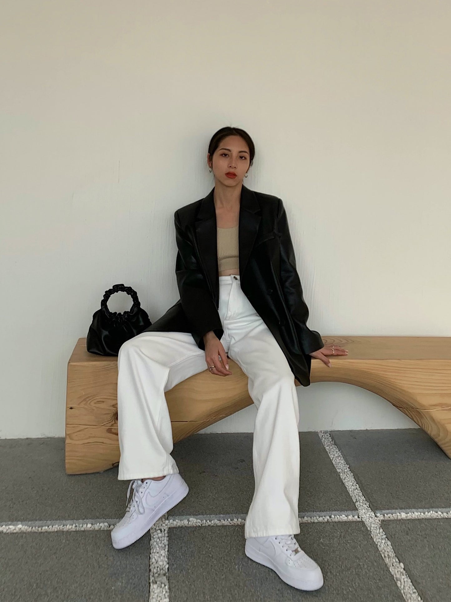 NEVA HU black suit leather jacket female 2023 new PU leather high-end fried street loose casual suit