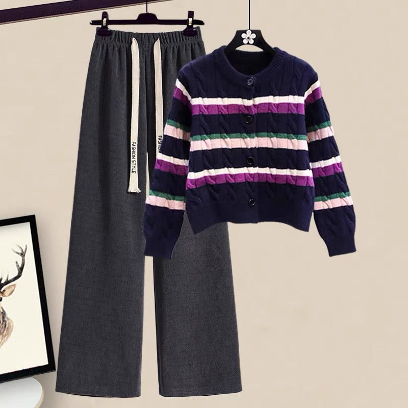 Autumn Korean color matching striped sweater high waist pants suit women's clothing 2022 new women's high-end atmosphere two-piece suit