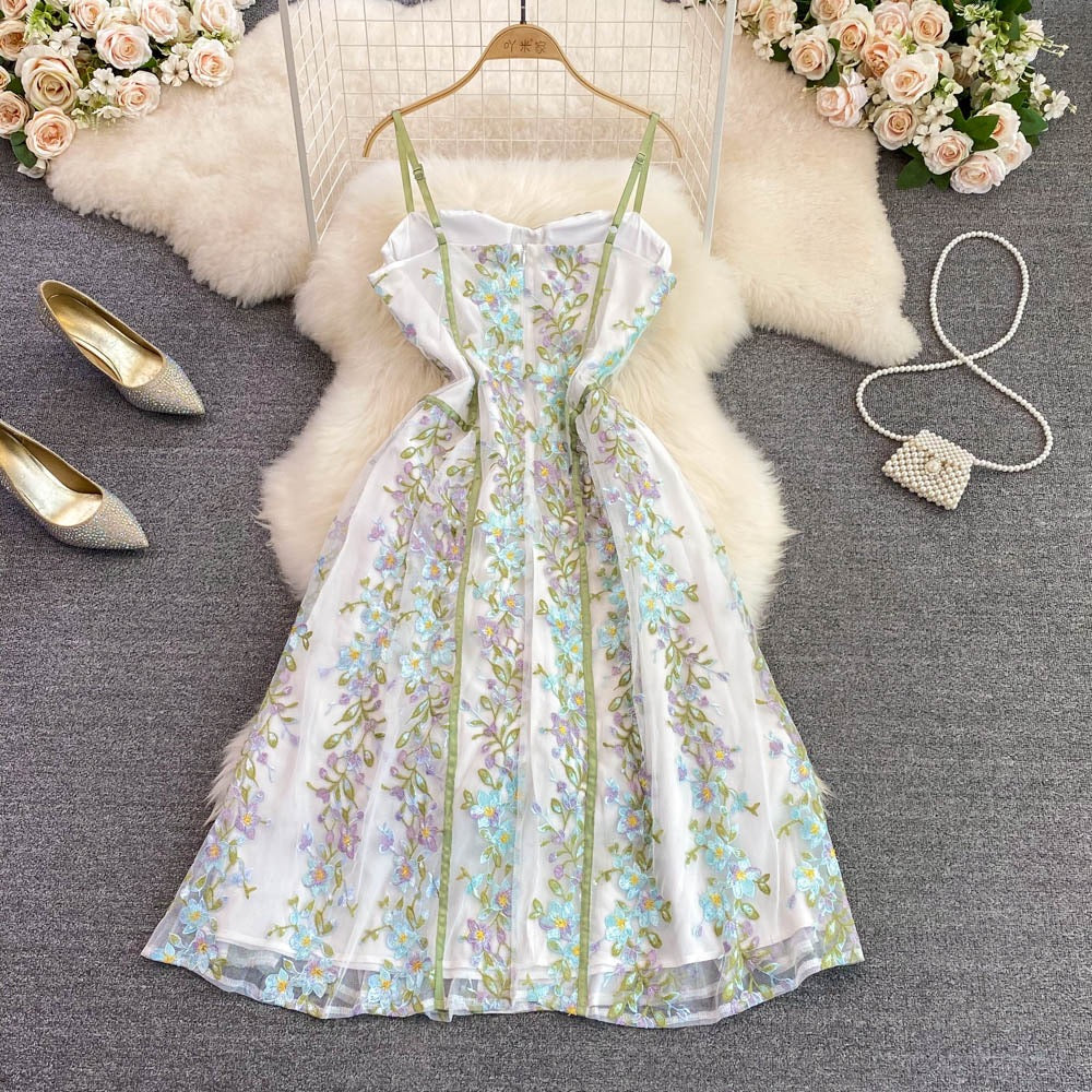 Pure Desire Floral Suspender Dress 2022 Summer Slim Waist Sleeveless Backless A-Line Chiffon Swing Dress