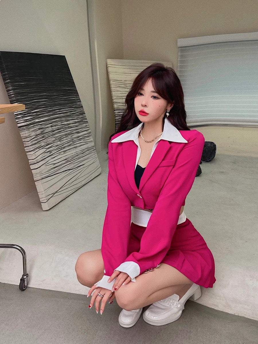 Fashion Women's 2022 New Suits Contrast Color Splicing Hot Girl Short Suit Jacket + High Waist Pleated Skirt