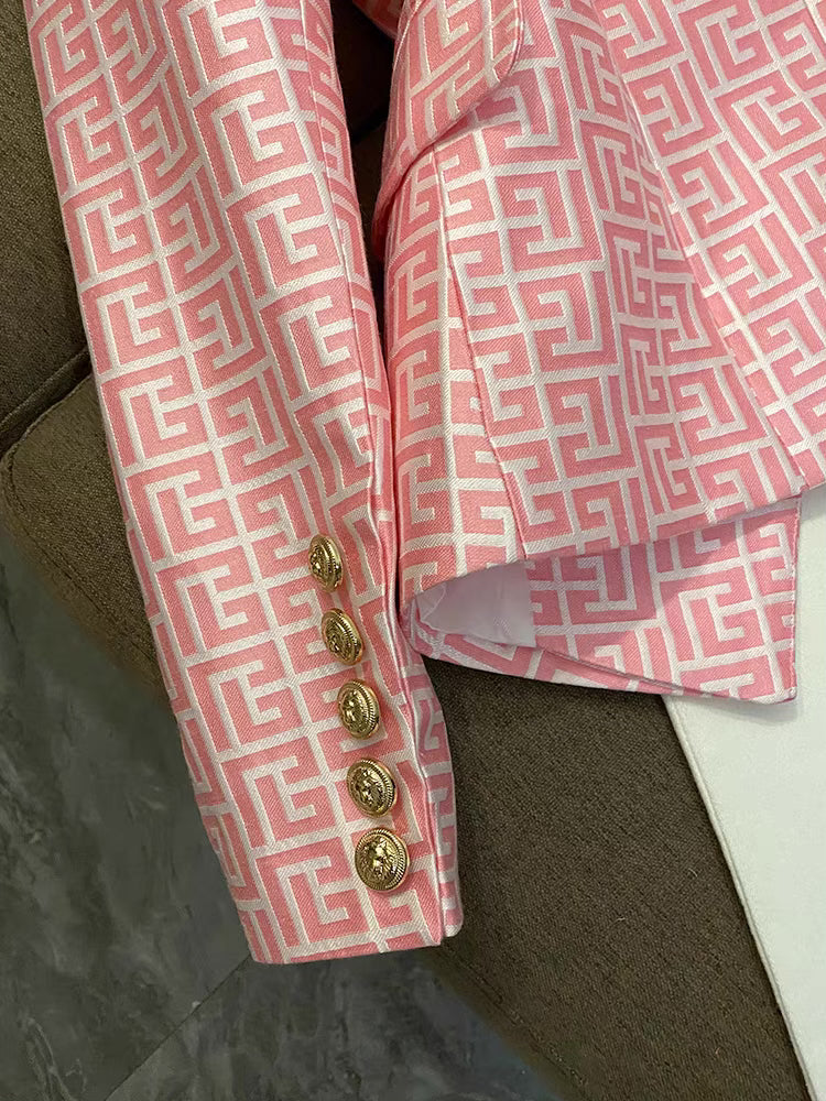 2022 new European and American star fashion double breasted pink geometric figure jacquard slim suit jacket Balmain
