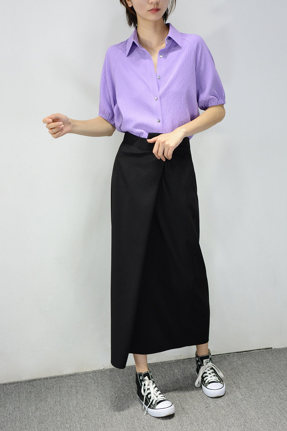TRR Gentle Wind Taro Purple Three-dimensional Vertical Texture Loose Short-sleeved Shirt Small Girly Top Shirt Summer