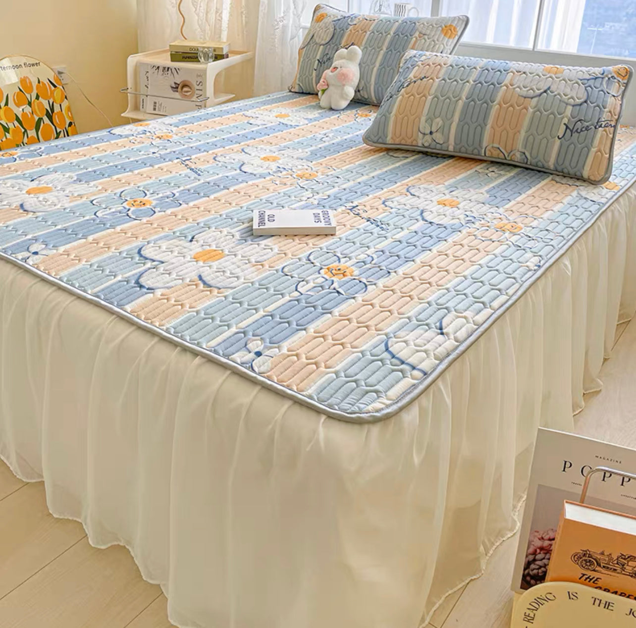Princess style bed skirt style latex mat three-piece set cool feeling ice silk air-conditioning mat summer washable folding bed cover