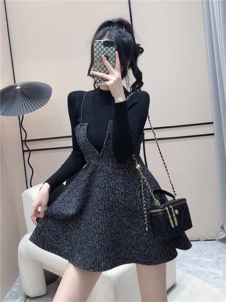 Girlish age-reducing winter suit skirt female half-high collar long-sleeved knitted sweater + high waist slimming A-line suspender dress