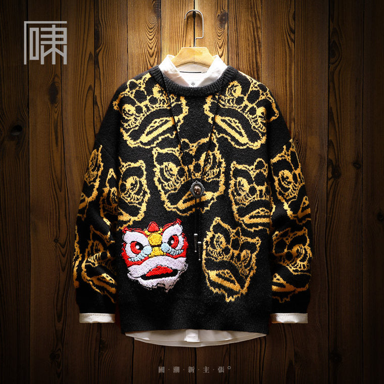 People's tide brand Guochao lion wake sweater men's Japanese style Harajuku style niche trendy men plus fleece