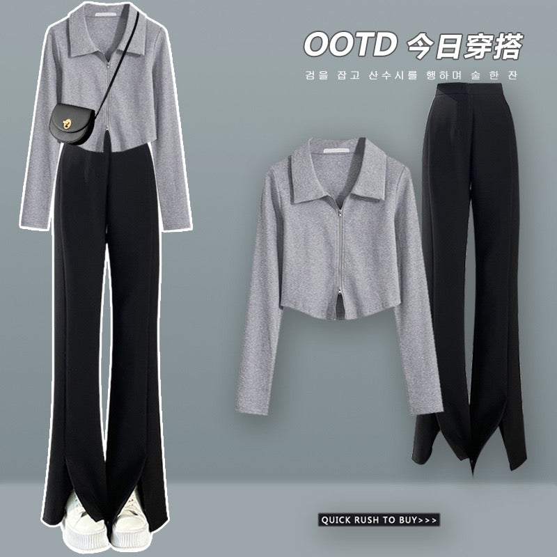 This year's popular green small man short top women's set of tea series ladies deep-fried street wide-leg suit pants suit