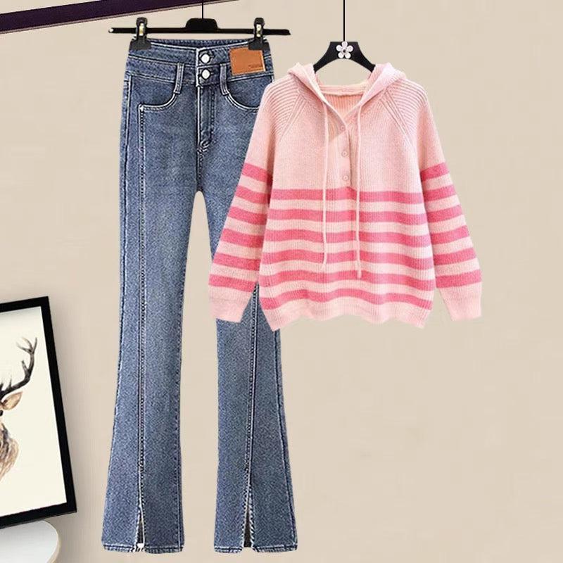 Autumn loose and lazy wind wear casual all-match knitted sweater split pants suit female small two-piece suit