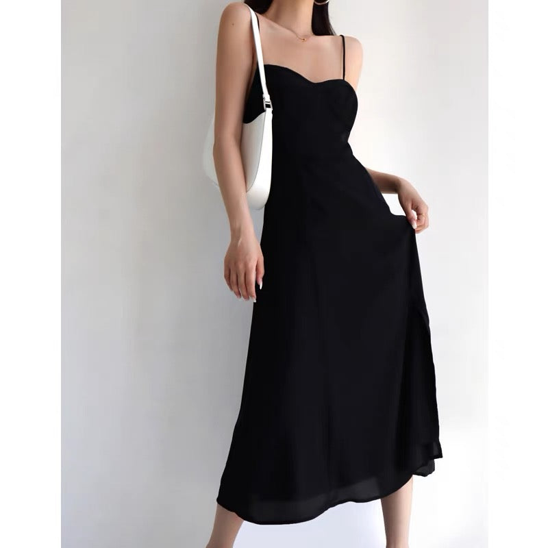 French retro black wrap chest suspender skirt retro waist sexy side slit tie dress beach holiday skirt