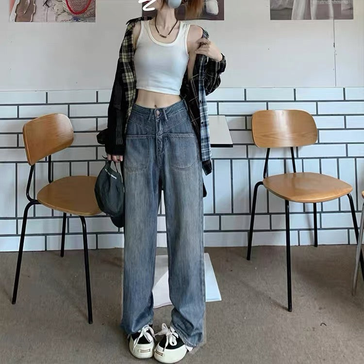 1134 Kumikumi loose wide-leg pants retro high-waisted straight-leg pants women's summer washed jeans were thin and mopping pants